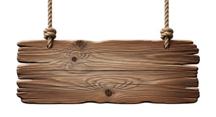 Rustic wooden sign hanging from rope isolated on transparent background