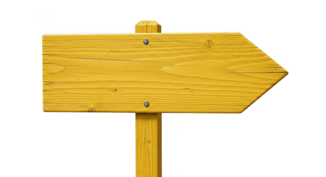 Yellow wooden arrow sign isolated on transparent background pointing to the right