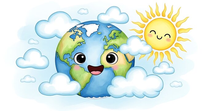 A cheerful depiction of planet Earth, with a smiling face, surrounded by puffy clouds and a friendly sun, showcasing a lighthearted and colorful approach to representing the Earth and its atmosphere.