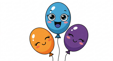 Three cartoon balloons with happy faces blue, orange, and purple.