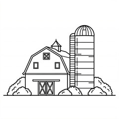 Line drawing of a barn and silo with surrounding shrubs.