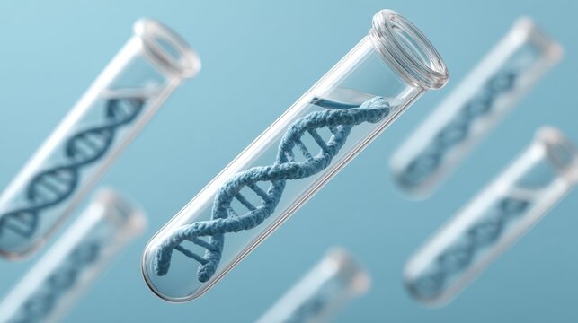 Test tubes containing blue DNA strands floating in the air against a soft blue background, symbolizing genetic research and scientific discovery - Powered by Adobe
