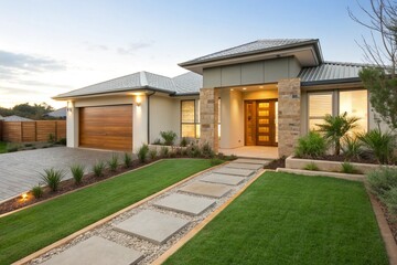 Modern Australian home with artificial grass lawn, timber edging. Contemporary house facade features stone pathway, wooden front door, garage. Front yard with green grass landscaping. Family 