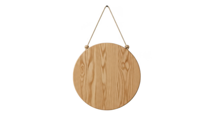 Round wooden sign hanging on a rope isolated on transparent background