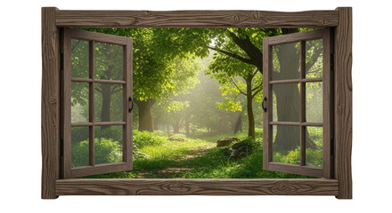 Open window with view of green forest and sunlight shining through trees isolated on transparent background © Mahmudur