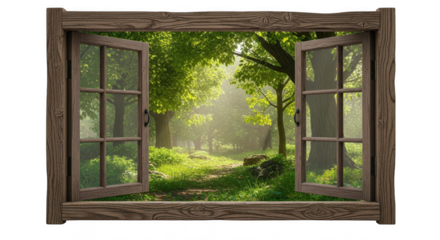 Open window with view of green forest and sunlight shining through trees isolated on transparent background