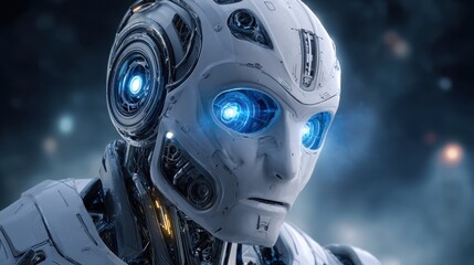 Photorealistic humanoid robot with glowing blue eyes futuristic setting digital artwork sci-fi environment close-up viewpoint