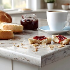 Fresh Breakfast Spread with Jam and Toast on Marble Table Surface
