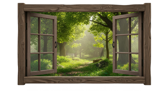 Open window with view of green forest and sunlight shining through trees isolated on transparent background