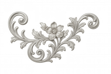 Silver baroque rococo ornamental scrollwork with flower and leaves, vintage floral relief molding on transparent background
