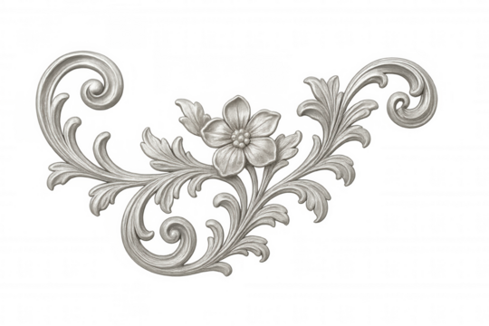 Silver baroque rococo ornamental scrollwork with flower and leaves, vintage floral relief molding on transparent background - Powered by Adobe