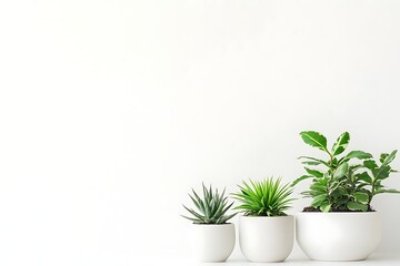 Obraz premium Three Potted Plants with Green Leaves and Succulents Arranged Against a White Background