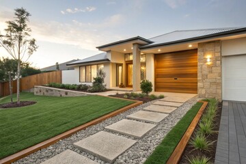 Modern Australian home with artificial grass lawn, timber edging. Contemporary house facade features stone pathway, wooden front door, garage. Front yard with green grass landscaping. Family 