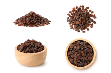 Raisins and raisin in wooden bowl collection
isolated on white background.