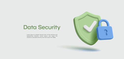3D shield with a check mark and a lock. Personal data protection, technology, password, identity verification. Vector illustration.