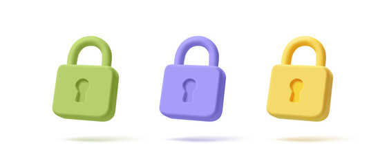 Set of colored 3D closed locks on a white background. For concepts of security, protection, technology, reliability, safety. Vector illustration.