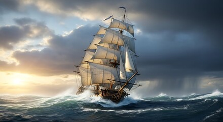 A majestic sailing ship navigates a turbulent sea under a dramatic sky at sunset.
