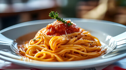 Plate of spaghetti topped with fresh tomato sauce and garnished with parsley, served in white dish. pasta is sprinkled with grated cheese, creating delicious and inviting meal
