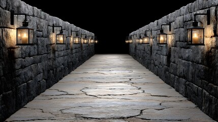Dimly Lit Stone Corridors with Lanterns Glowing in Darkness