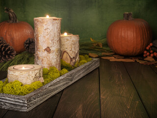 Fall rustic brown wood plank table with birch candles and green moss centerpiece with festive...