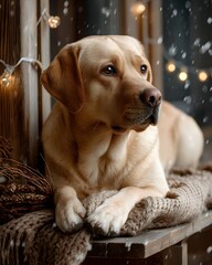 Cozy Labrador Dog by the Window with Snowfall and Warm Lights