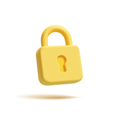 Yellow closed padlock, 3D. Icon on white background. For protection and security concepts. Industry, web design, coding. Vector illustration.