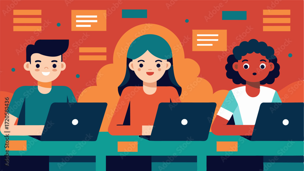 Aufkleber A group of students eagerly typing away on laptops during a coding workshop expanding their knowledge and enhancing their logical thinking abilities.. Vector illustration