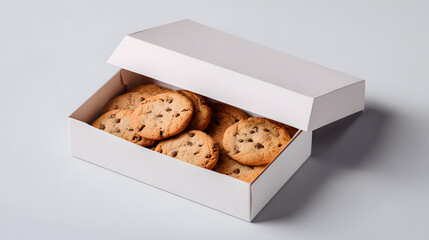 Open white bakery box with chocolate chip cookies inside, showcasing delicious and inviting presentation on plain background. Perfect for packaging design concepts