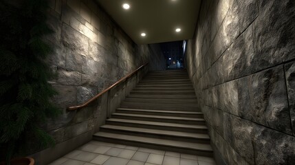 Dimly Lit Staircase Leading Upward Through Stone Archway
