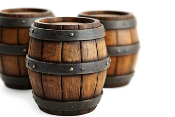 Fototapeta premium Three Wooden Barrels with Metal Bands on a White Background, Storage Container