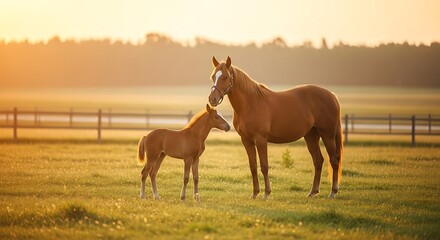 A serene and golden hour scene portrays a mother horse and her foal in a grassy field, bathed in the warm glow of the setting sun.
