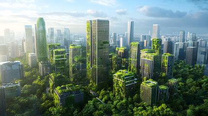 Obraz premium Futuristic eco city with skyscrapers covered in greenery and powered by green energy, surrounded by lush forests, under clear blue sky