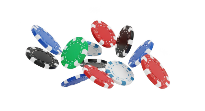 Casino poker chips falling isolated on transparent background, gambling and luck concept