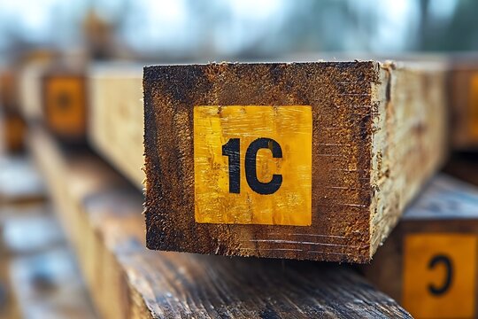 Timber Stack CloseUp Of Lumber With Yellow Label Showing 1C Black Color