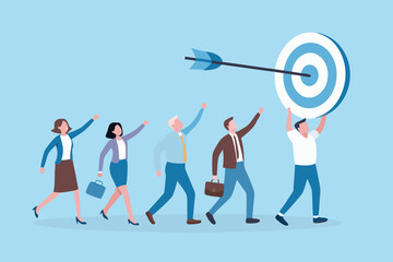 Diverse group of business people marching together towards a bullseye target with an arrow hitting the center