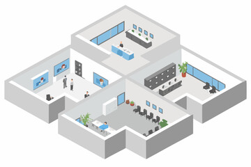 Isometric view of a modern office interior with reception waiting area and meeting rooms