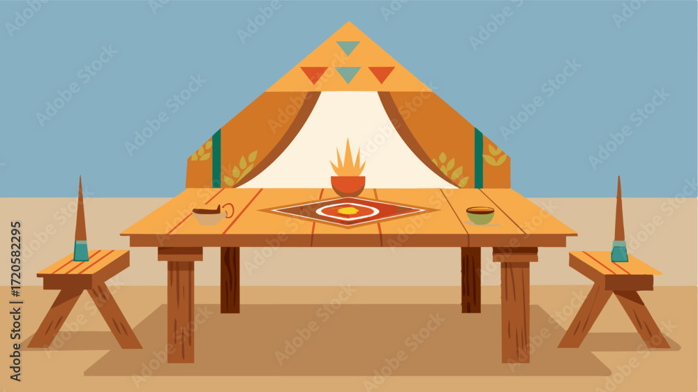 Poster a sy wooden table adorned with local artwork set in the middle of a spacious tent.. vector illustrat