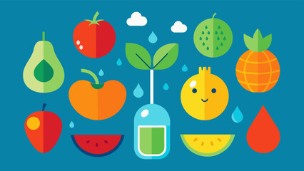 A colorful infographic showing different fruits and vegetables with high water content encouraging seniors to reach for these healthy options to stay hydrated.. Vector illustration