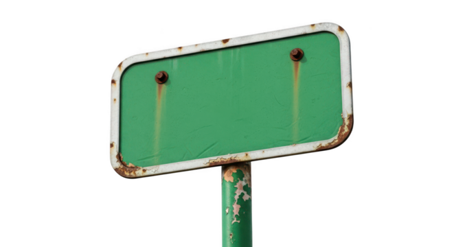 Old green metal sign isolated on transparent background with rust and corrosion