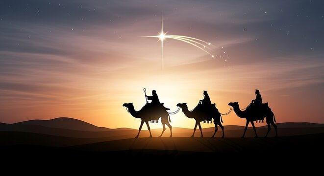 Three kings on camels journey toward the star in a stunning desert sunrise.