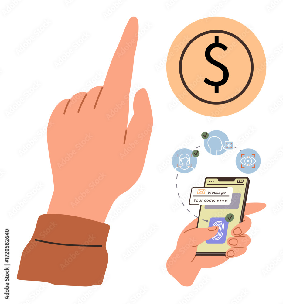 Poster hand interacting with smartphone for secure mobile payment authentication. icons highlight transacti
