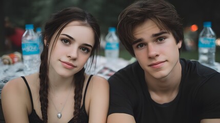 Young Couple in Casual Attire Smiling at Outdoor Picnic Setting