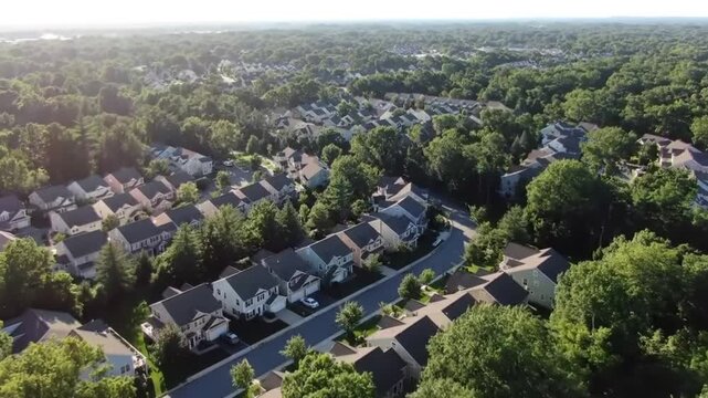 Aerial view of a suburban residential neighborhood in Stockton, California, showcasing rows of single-family homes, streets, and surrounding farmland. Ideal for topics related to urban planning, Calif