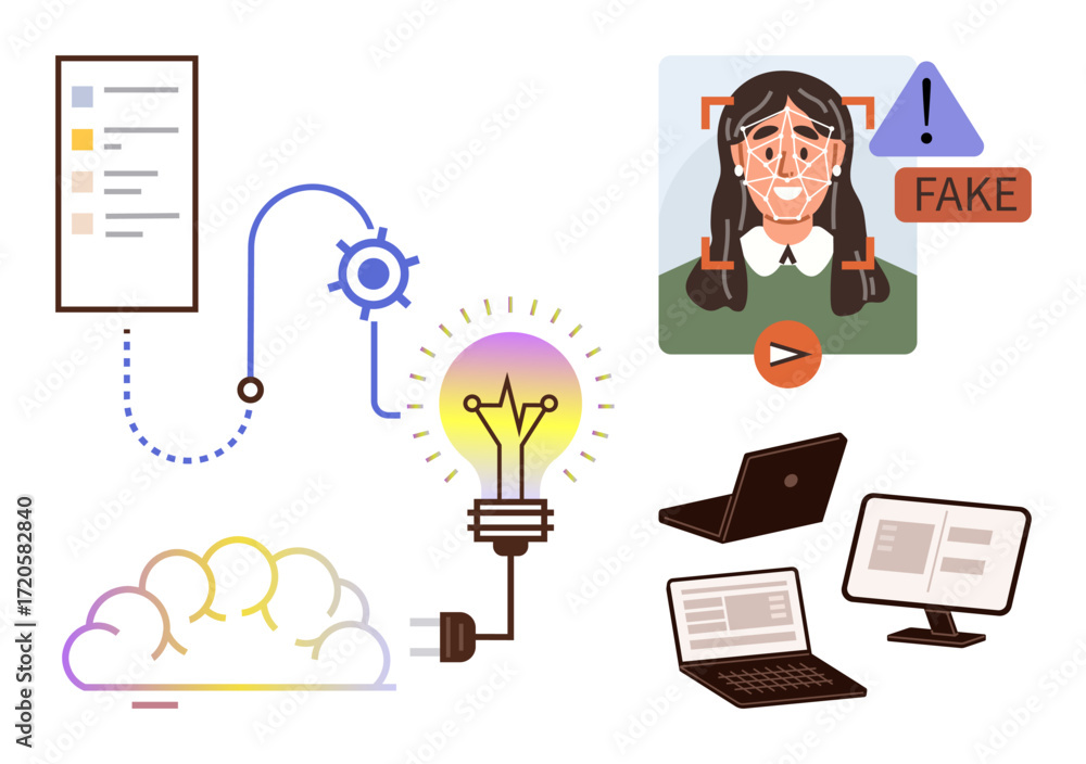Poster facial recognition panel, fake detection alert, light bulb for innovation, cloud computing diagram, 