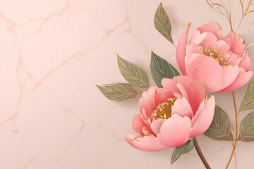 Elegant pink peonies and leaves on a soft pink marble background.