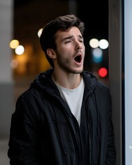 Young man yawning while waiting at night in urban setting