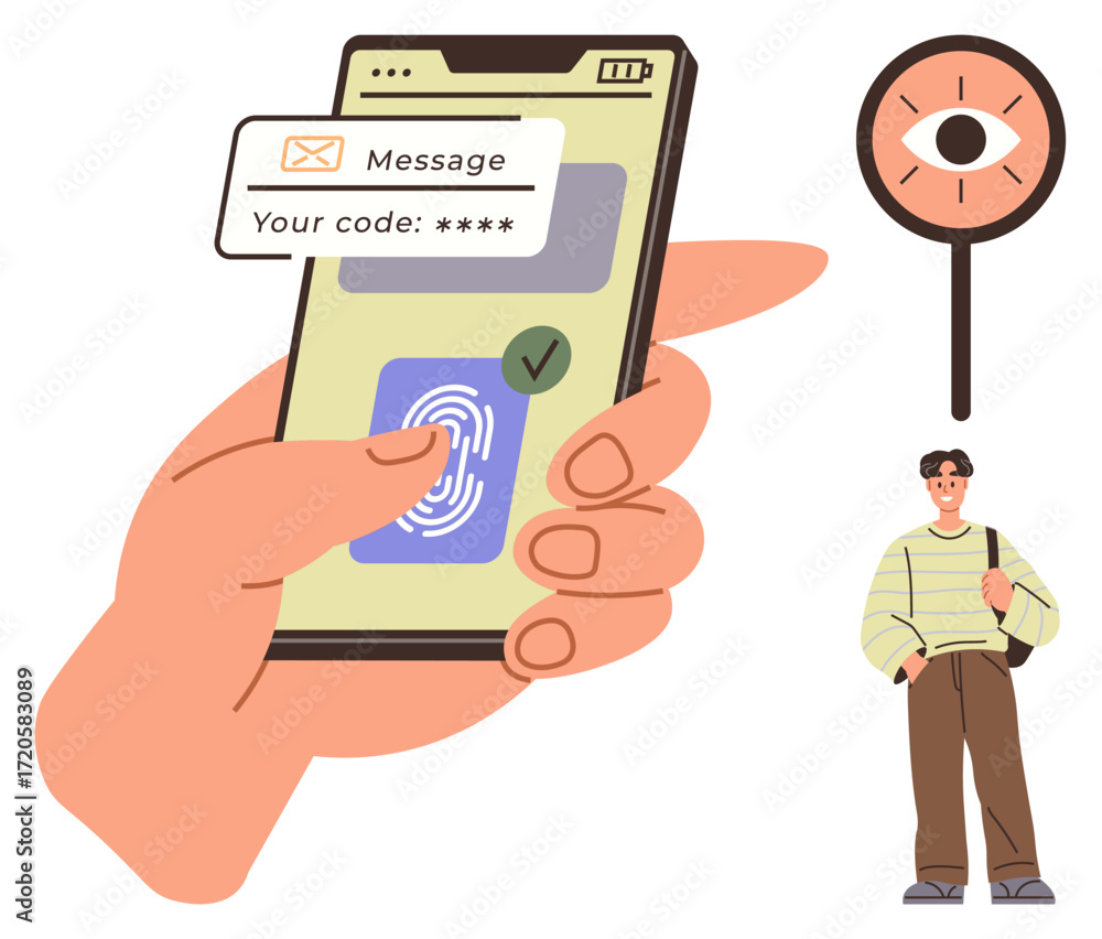Poster hand holding smartphone showing fingerprint scan and verification code, magnifier with eye icon, man