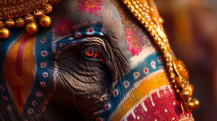 Close Up of Decorated Elephant with Colorful Paint and Ornaments during Mysuru Dasara Festival in India, Showcasing Cultural Heritage, Traditional Celebration and Royal Procession