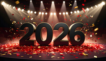 2026 Celebration with Confetti and Lights.