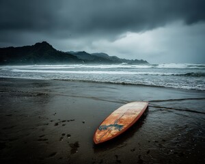 Surfboard on Dark Sandy Beach Under Stormy Sky